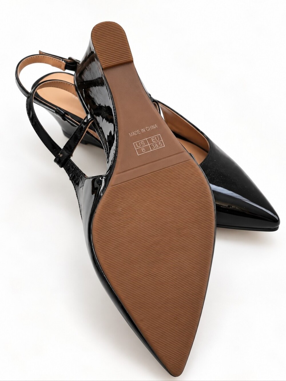 MODENCOCO Black Patent Pointed Toe Slingback Wedge Heels | Size 8 - Picture 7 of 10